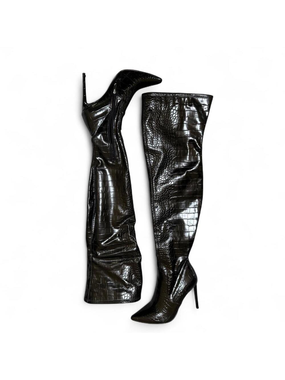 Steve Madden black croc embossed thigh high stiletto boots